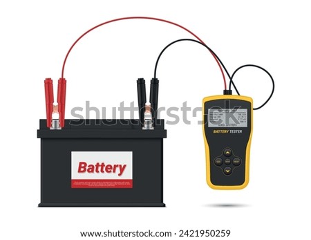 Car battery testing electrical equipment automotive accumulator charge testing realistic vector illustration. Automobile engine power checking electronic device voltage meter energy test with wire