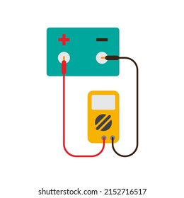 Autobatterietests mit Multimeter, Akkumulator und Voltmeter-Symbol, Farbe einzeln auf weißem Hintergrund, Vektorgrafik.