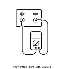 Car battery testing with multimeter, accumulator and voltmeter icon, black line isolated on white background, vector illustration.