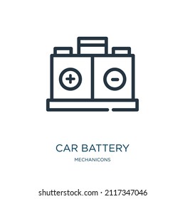 car battery thin line icon. battery, equipment linear icons from mechanicons concept isolated outline sign. Vector illustration symbol element for web design and apps.