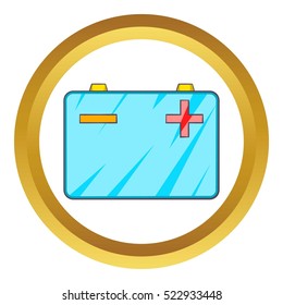 Car battery vector icon in golden circle, cartoon style isolated on white background
