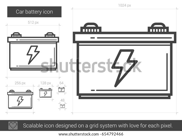 Car battery vector line icon isolated\
on white background. Car battery line icon for infographic, website\
or app. Scalable icon designed on a grid\
system.