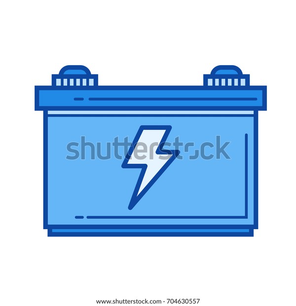 Car battery vector line icon isolated on\
white background. Car battery line icon for infographic, website or\
app. Blue icon designed on a grid\
system.