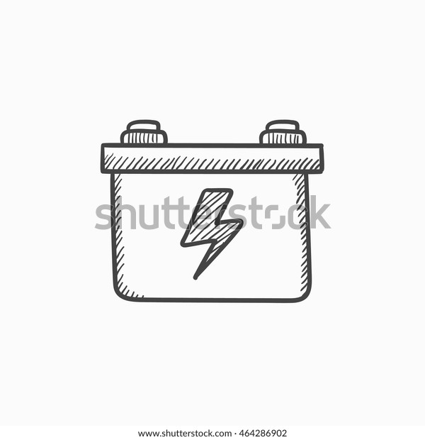 Car battery vector sketch icon isolated on\
background. Hand drawn Car battery icon. Car battery sketch icon\
for infographic, website or\
app.