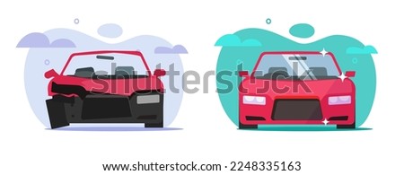 Car before after crash flat vector icon or vehicle broken and repaired after wreck accident, auto refurbished restored and rebuild service, automobile damage and new illustration graphic image
