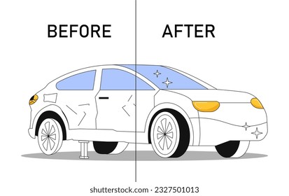 Car before and after repair line concept. Advertising poster or banner for auto repair shop. Tuning and modernization, vehicle rennovation. Auto after accident at road. Linear flat vector illustration