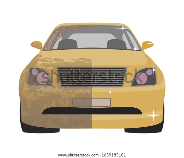 Car. Before and after a car wash.\
Vector illustration isolated on a white\
background.