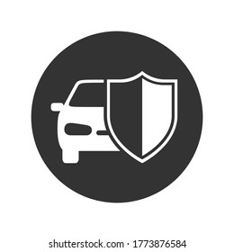 Icono gráfico de Auto detrás del escudo. Señal de seguro de auto en el círculo aislado en el fondo blanco. Símbolo de coche de protección. Ilustración del vector