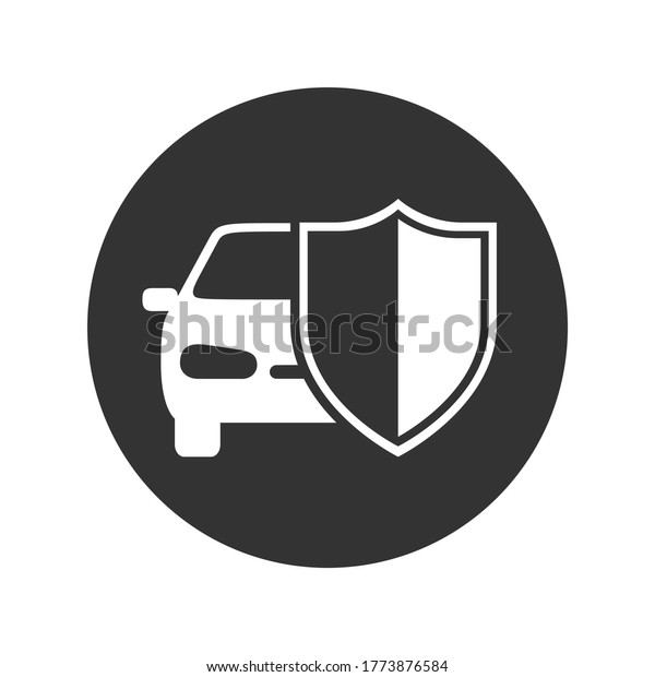 Car behind shield graphic icon. Car\
insurance sign in the circle isolated on white background. Symbol\
of protections car. Vector\
illustration