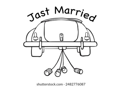 car behind with tied cans, symbol of newlyweds, just got married inscription. Linear vector sketch illustration for posters, advertisements, car stickers. Wedding, new family life, lived happily ever