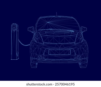 Car is being charged at a charging station. The car is blue and the charging station is blue. The car is parked next to the charging station and the charging process is taking place