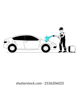 Car Being Washed By Male Worker In Flat Vector Illustration Symbolizing Vehicle Cleaning, Maintenance, And Car Wash Services, Isolated On White Background