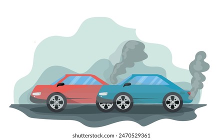 Coche entre los tubos de escape. Ilustración vectorial sobre fondo blanco.