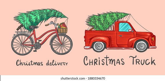 Car and Bicycle with a Christmas tree. Spruce in the luggage of the truck. Delivery concept. Vector illustration for label, badge, logo, postcard or banner. Hand drawn Vintage engraved sketch. 