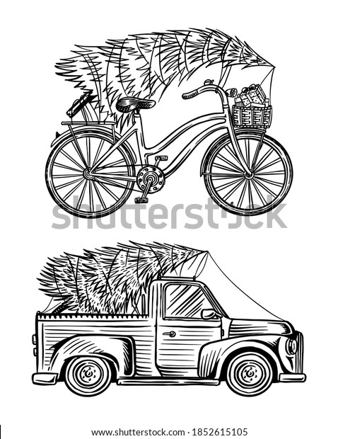 Car and Bicycle with a Christmas tree. Spruce in the\
luggage of the truck. Delivery concept. Vector illustration for\
label, badge, logo, postcard or banner. Hand drawn Vintage engraved\
sketch. 