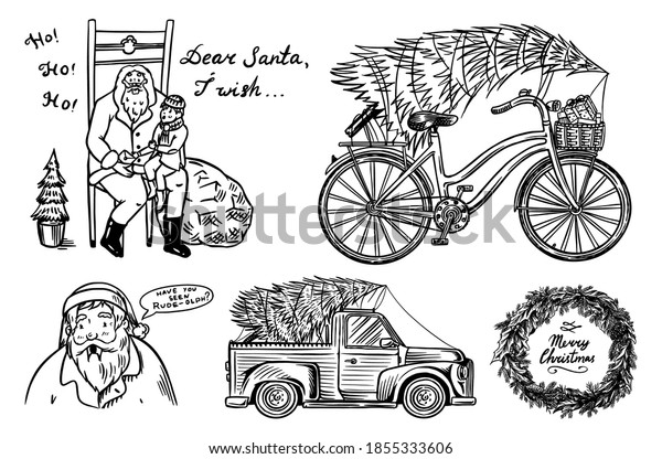 Car and Bicycle with a Christmas tree. Spruce iand\
wreath. Santa Claus. Bearded grandfather with a child. Vector\
illustration for label, postcard or banner. Hand drawn Vintage\
engraved sketch. 