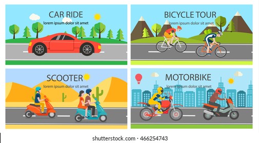 Car , bicycle, motorbikes and scooters horizontal banners set, vector illustration