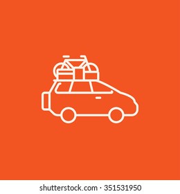 Car with bicycle mounted to the roof line icon for web, mobile and infographics. Vector white icon isolated on red background.