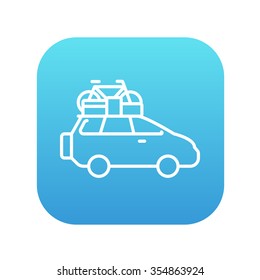 Car with bicycle mounted to the roof line icon for web, mobile and infographics. Vector white icon on the blue gradient square with rounded corners isolated on white background.