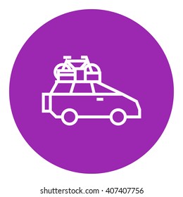 Car with bicycle mounted to the roof line icon.