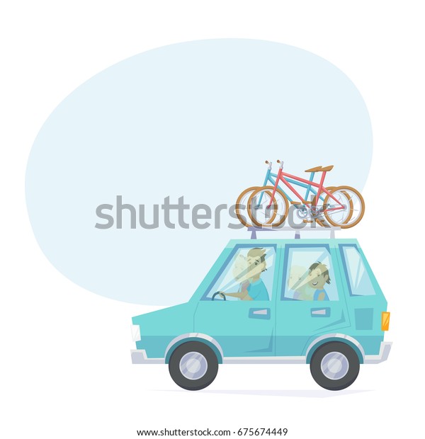 Car with bicycle mounted to the\
roof rack. Happy parents and children riding in a car with bike.\
Family road trip weekend getaway journey in bike park.\
Vacation