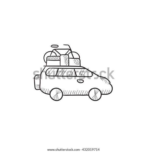Car with bicycle mounted to the roof vector sketch\
icon isolated on background. Hand drawn Car with bicycle mounted to\
roof icon. Car with bicycle on roof sketch icon for infographic,\
website or app.