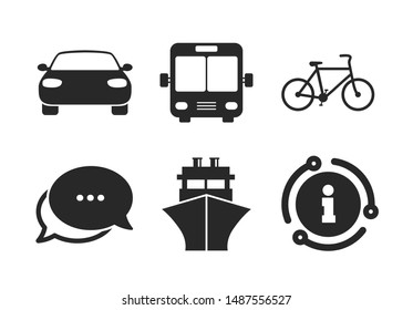 Car, Bicycle, Public bus and Ship signs. Chat, info sign. Transport icons. Shipping delivery symbol. Family vehicle sign. Classic style speech bubble icon. Vector