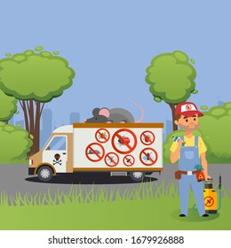 Car with big mouse, control of pests, working character male, toxic, poison vector illustration. Truck in park, background of city. Design pest control for poster, web banner and card.