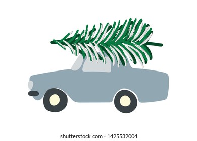 Car with big pine tree color illustration. Hand drawn clipart on white background. Flat style illustration. Greeting card, poster, banner, design element. Vector