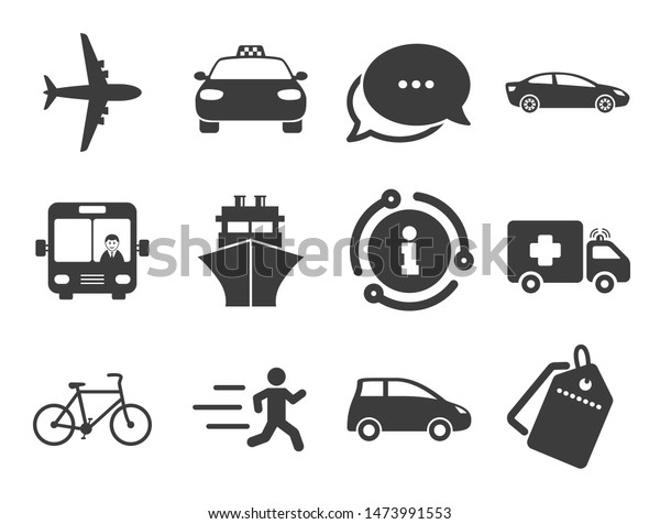 Car, bike, bus and taxi signs.\
Discount offer tag, chat, info icon. Transport icons. Shipping\
delivery, ambulance symbols. Classic style signs set.\
Vector