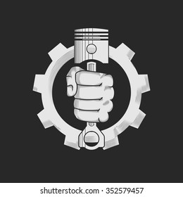 Car or bike repair shop logo template (concept). Engine pistons, hand and gear combined in vector sign.