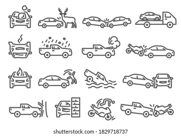 Iconos del contorno de accidentes de coche, bicicleta, vehículo, aislados en blanco. Caer en árbol, pared, ahogarse, animal en la colección de pictogramas de contorno de carretera. Colisión, desplazamiento hacia abajo elementos vectoriales para infografía, web.