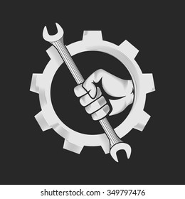 Car Or Bike Workshop Logo Template (concept). Spanner In The Hand And Gear. Vector Sign.