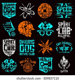 Car and biker culture badges. Graphic design elements with shabby texture for t-shirt. Color print on black background