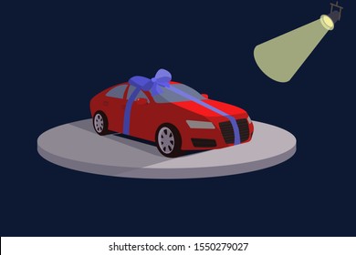 Car birthday gift, present, surprise, lottery win. Red car tied with a blue ribbon. Vector illustration isolated on a blue background.