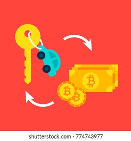 Car Bitcoin Concept. Vector Illustration of Financial Deal.