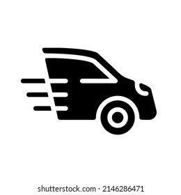 Car black glyph icon. Motor vehicle. Fuel and electric automobiles. Passengers transportation. Dynamic movement. Silhouette symbol on white space. Solid pictogram. Vector isolated illustration