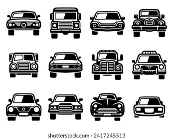 Car black icon set front view. Vehicle collection. Car silhouettes face. Transportation symbol. Vector illustration