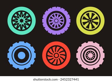 Car black line wheels isolated icon set. Vector graphic design isolated illustration collection