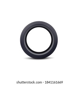 Car black rubber tire realistic vector illustration isolated on white background. Automobile vehicle wheel for repair services and car parts retailers project design.