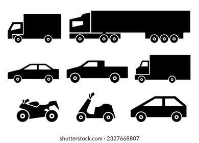 Car black silhouette icon set on white. Various vehicle, different body type like truck, pickup, sedan, wagon trailer and motorbike. Vector signs for web design or transport service logo.