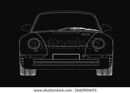 Car in black and white contour drawing, showcasing sleek lines and iconic curves. The detailed illustration highlights the front Porsche logo against a dark background.
