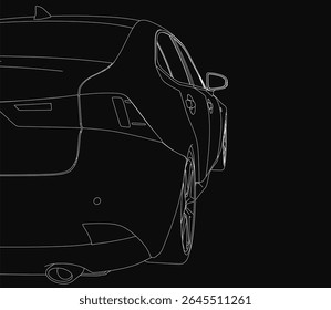 Car black and white line drawing on a dark background, showcasing sleek machine outline with clean contours. The minimalist design highlights the car's elegant silhouette and precise.