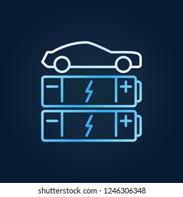 Car with blue batteries line icon. Vector EV creative symbol in outline style on dark background