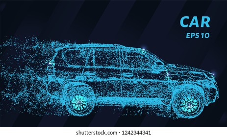 Car of blue glowing dots. The car side view consists of particles