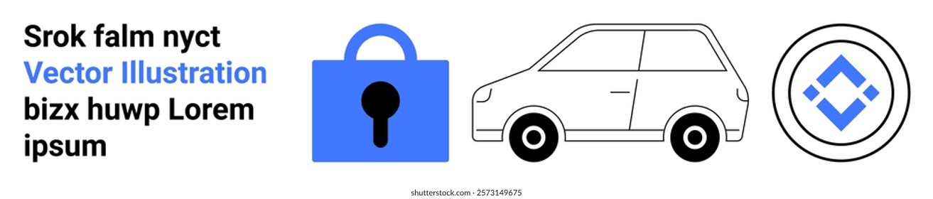 Car with a blue security lock and a cryptocurrency icon. Ideal for security, automotive, cryptocurrency, blockchain and technology. Banner for landing page