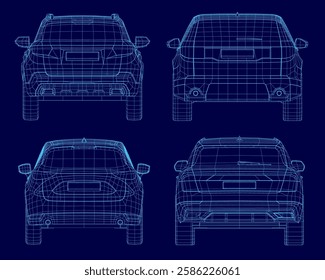 The car is a blue wireframe. It has four doors and is designed for four people. The car is sleek and modern, with a clean and minimalist design. Back view