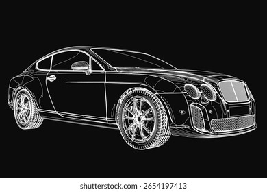 Projeto do carro em preto e branco, com linhas de contorno detalhadas e curvas precisas. O design intrincado destaca a silhueta elegante do carro contra um fundo escuro.