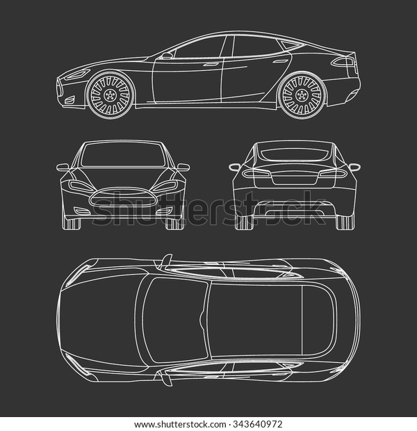 Car blueprint\
front four view side top back\
all