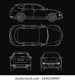 Car blueprint on black background highlights detailed contours, headlights, grille, and alloy wheels. Technical illustration showcases the luxury SUV's sleek design